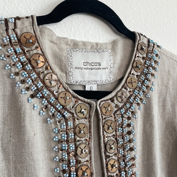 Chico’s 100% Linen 3/4 Sleeve Long Light Jacket with Beautiful Details - Picture 4 of 5